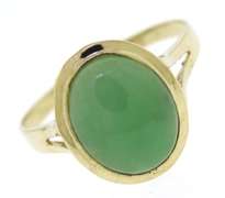 Pleasing Yellow Gold Green Jade Oval Bezel Set Ring