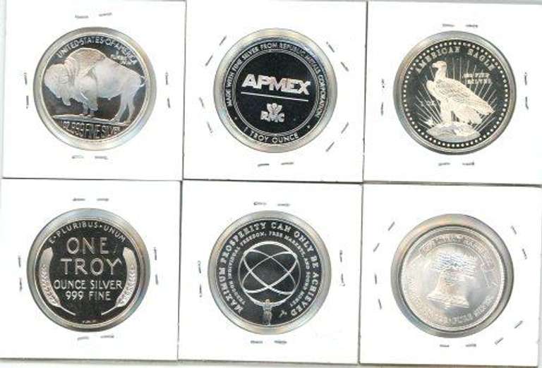 6 Diff. One Troy Ounce pure  .999 Silver Rounds