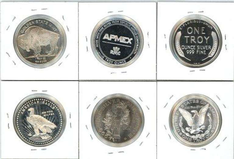 6 Diff. One Troy Ounce pure  .999 Silver Rounds