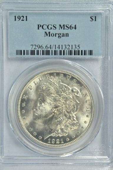 Snowy-white near Gem BU 1921 Morgan Dollar. PCGS MS64