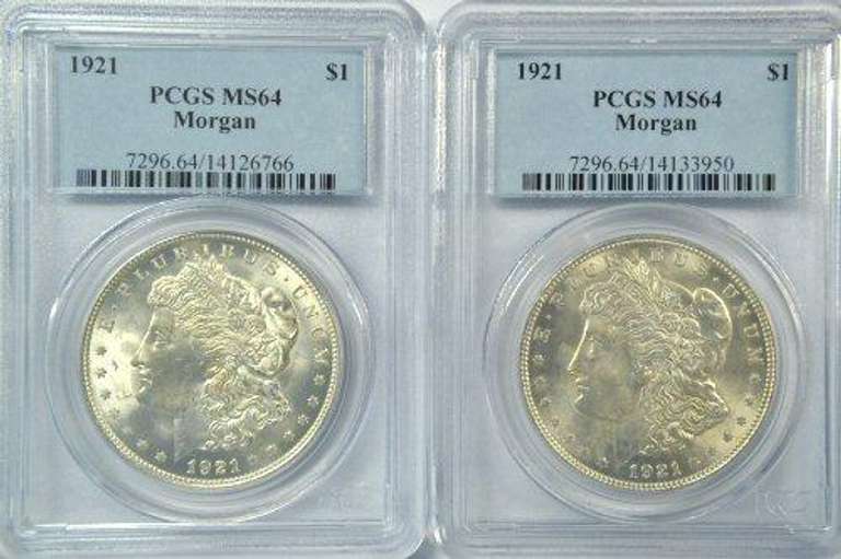 2 Frosty near Gem BU 1921 Morgan Dollars. PCGS MS64