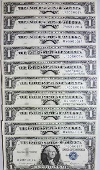(10) Gem Crisp 1957 $1 Silver Certificates Consecutive Serial Numbers!