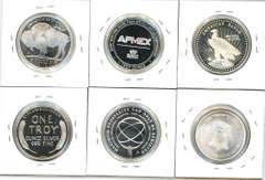 6 Diff. One Troy Ounce pure  .999 Silver Rounds