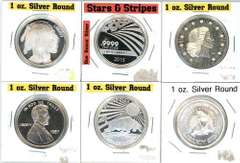 6 Diff. One Troy Ounce pure  .999 Silver Rounds