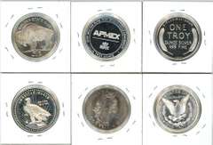 6 Diff. One Troy Ounce pure  .999 Silver Rounds