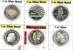 6 Diff. One Troy Ounce pure  .999 Silver Rounds