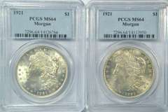 2 Frosty near Gem BU 1921 Morgan Dollars. PCGS MS64