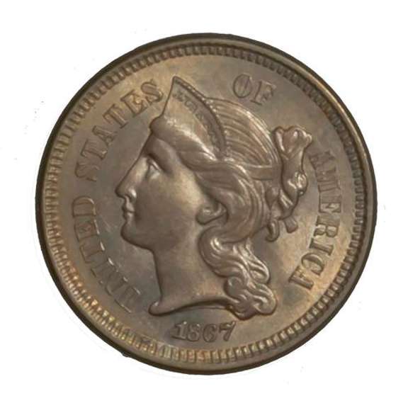 BU Toned 1867 3 Cent Nickel