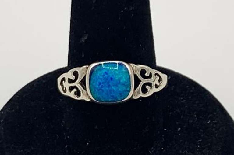 Ornate Blue Opal Ring in Sterling Silver