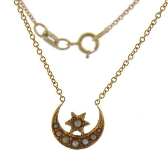 Vintage Seed Pearl Moon and Star Necklace