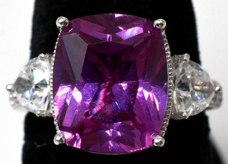 Large Pink Sapphire & CZ Designer Sterling Silver Ring
