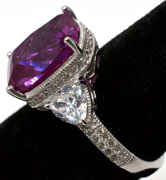 Large Pink Sapphire & CZ Designer Sterling Silver Ring