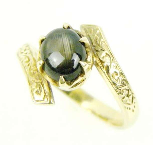 Superb 14K Cat's Eye Engraved Bypass Ring, 7