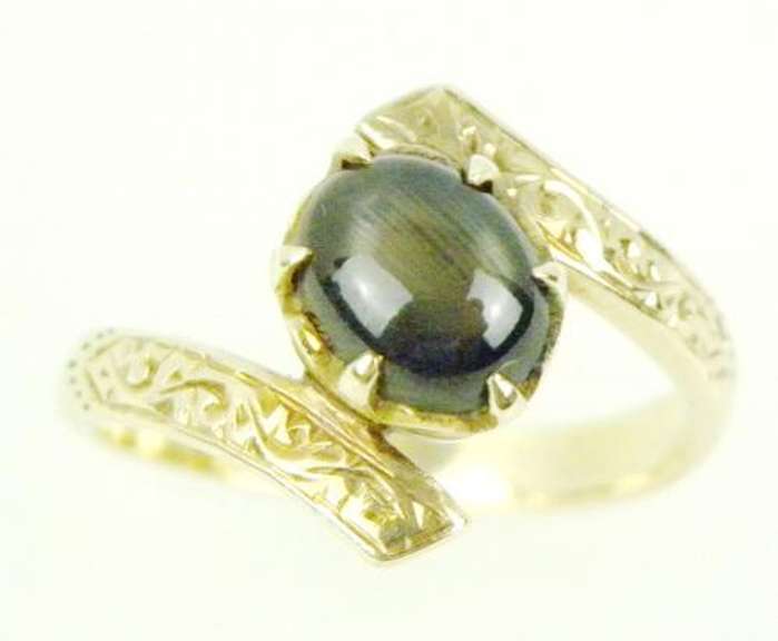 Superb 14K Cat's Eye Engraved Bypass Ring, 7