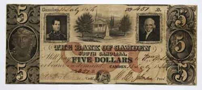 $ 5 Bank Of Camden South Carolina Note July 18 1856