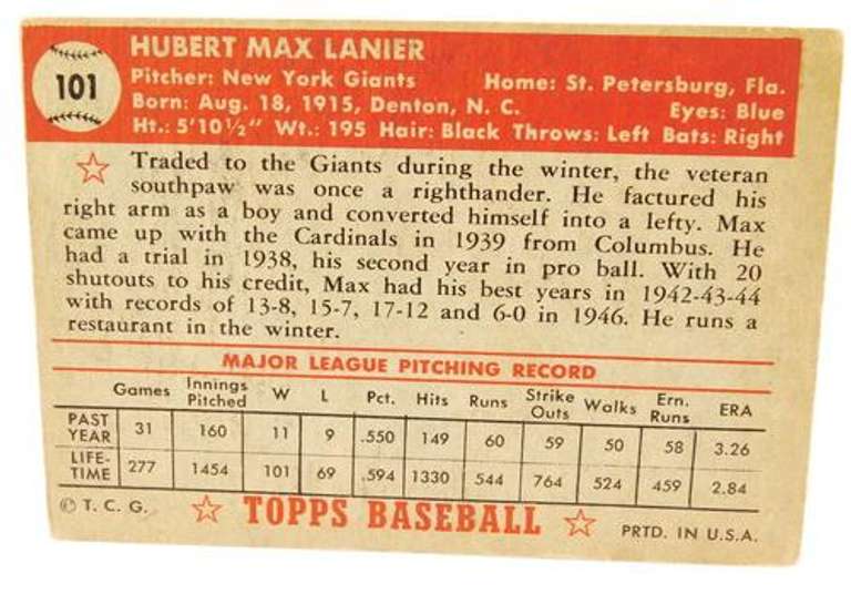 Max Lanier, Giants 1952 Topps Baseball Card