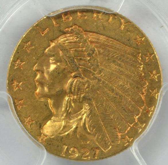 Very Choice BU 1927 $2.50 Indian Gold Piece. PCGS MS62