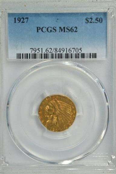 Very Choice BU 1927 $2.50 Indian Gold Piece. PCGS MS62