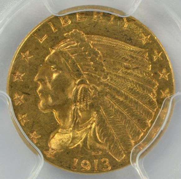 Desirable BU 1913 US $2.50 Indian Gold Piece. PCGS MS61