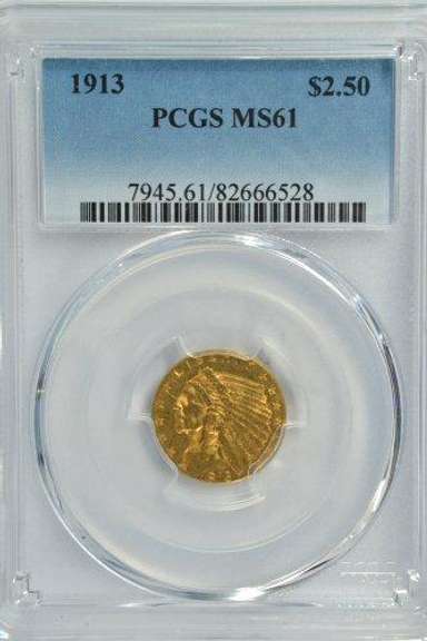 Desirable BU 1913 US $2.50 Indian Gold Piece. PCGS MS61
