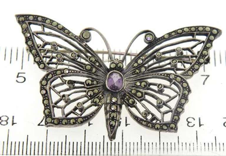 Vintage Marcasite and Amethyst Butterfly Pin Brooch
