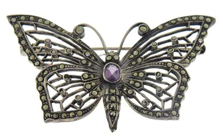 Vintage Marcasite and Amethyst Butterfly Pin Brooch