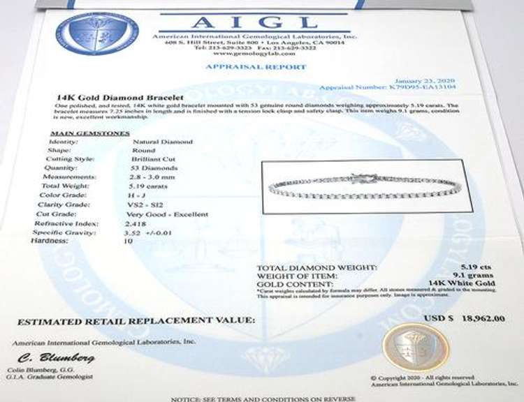 Amazing 5.19CTW Diamond Bracelet in 14KT White Gold