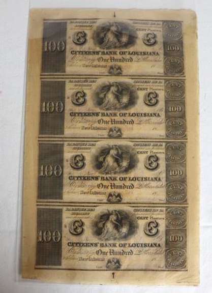 Uncut Sheet of 4 $100 Citizens Bank Of Louisiana Notes