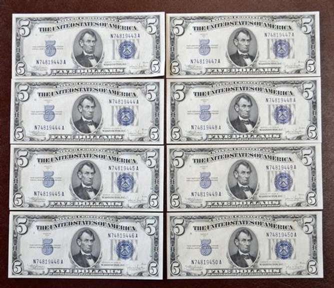 8 BU in Sequence $5 Silver Certs, 1934C