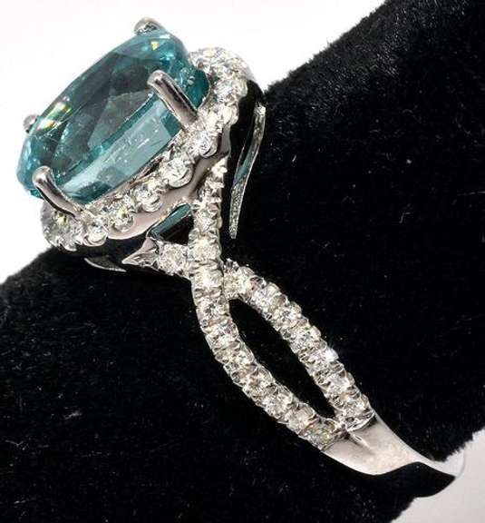 Sweet Blue Zircon & Diamond Ring in 14KT White Gold