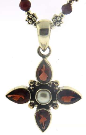 Garnet and Pearl Cross Pendant Necklace