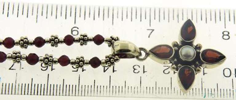Garnet and Pearl Cross Pendant Necklace