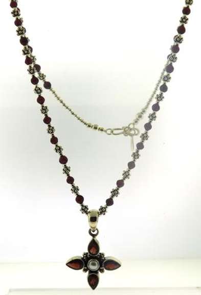 Garnet and Pearl Cross Pendant Necklace