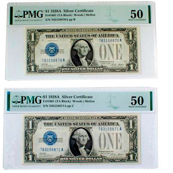 2 Consecutive $1 1928 A Funnyback PMG AU 50 Notes