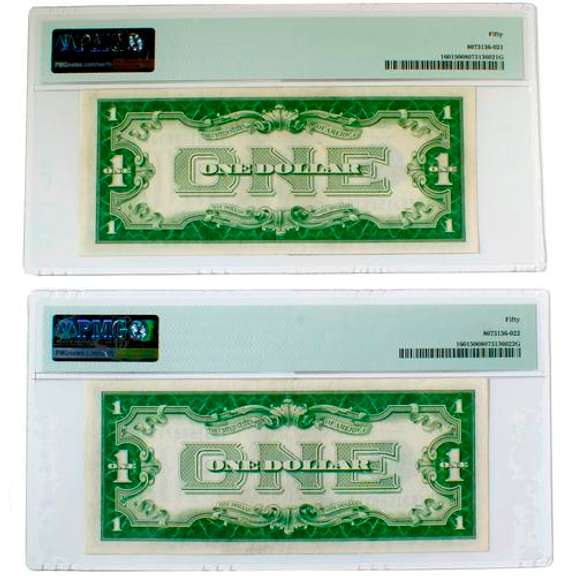 2 Consecutive $1 1928 A Funnyback PMG AU 50 Notes