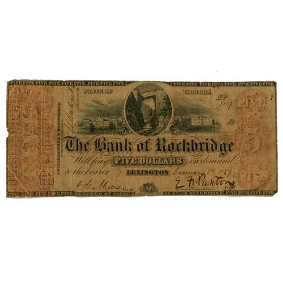 $5 Bank of Rockledge Lexington Va Jan 8 1859 Note