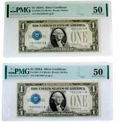 2 Consecutive $1 1928 A Funnyback PMG AU 50 Notes