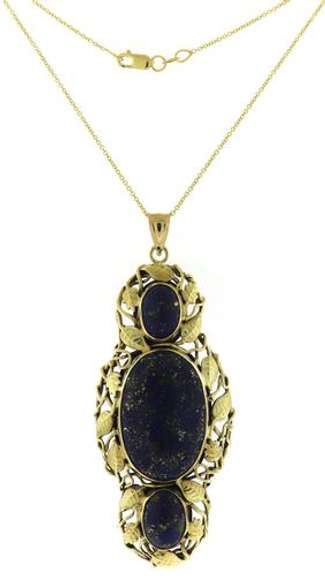 Lovely Large Lapis w Leaf Border Yellow Gold Necklace
