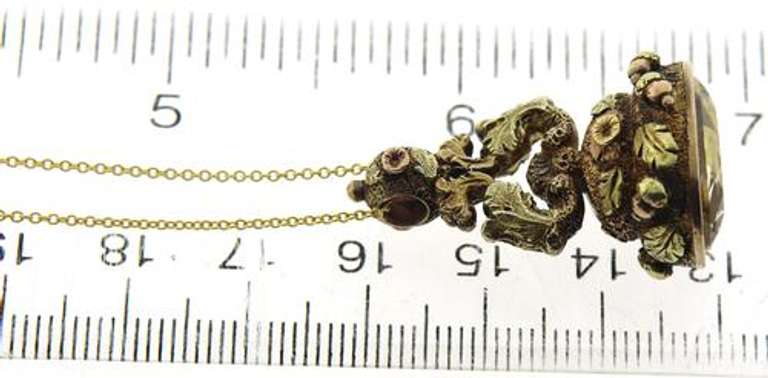 Ornately Detailed Vintage 12kt YG Faceted Yellow Quartz Fob Charm Necklace