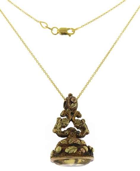 Ornately Detailed Vintage 12kt YG Faceted Yellow Quartz Fob Charm Necklace