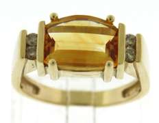 Trendy Faceted Citrine and Diamond Accent Yellow Gold Ring
