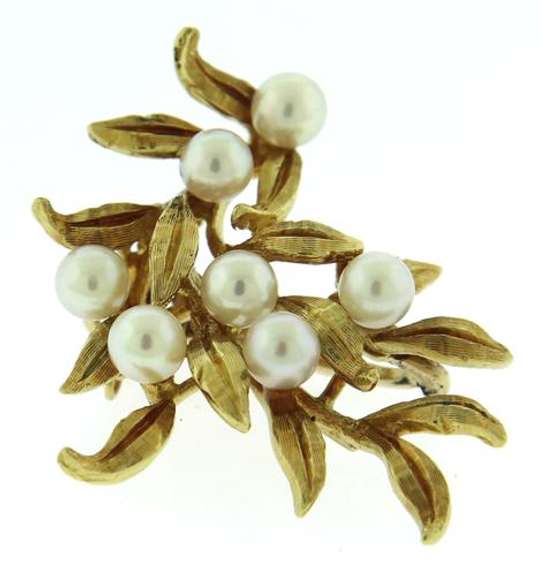 Vintage Yellow Gold Pearl & Textured Leaf Clip