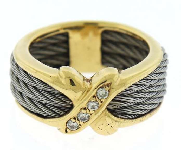Trendy 18kt Yellow Gold & Silver "X" Cable Diamond Ring