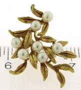 Vintage Yellow Gold Pearl & Textured Leaf Clip