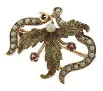 Vintage Seed Pearl & Amethyst Leaf Brooch