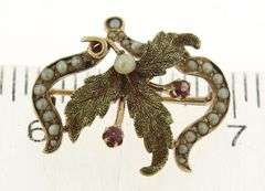 Vintage Seed Pearl & Amethyst Leaf Brooch