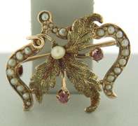 Vintage Seed Pearl & Amethyst Leaf Brooch