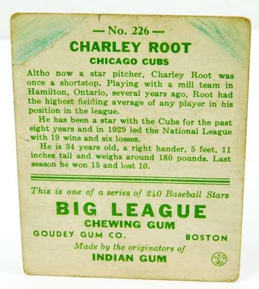 1933 Charley Root, Cubs Goudey Gum Baseball Card