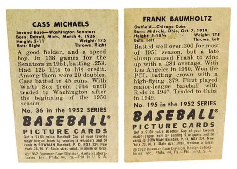 2 Bowman Gum 1952 Baseball Cards