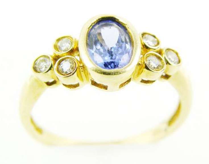 Bezel Set Tanzanite & Diamonds 10K Gold Ring, 7